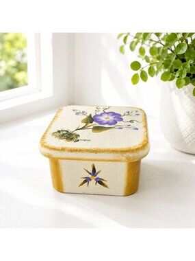Hand-Painted Vintage Wooden Trinket Box With Purple Floral Design Signed By Arti